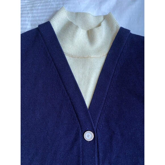 Noir Noir Navy Wool Cardigan with Built-in Cream Mock Neck. Reverse Button Back. - Picture 2 of 10